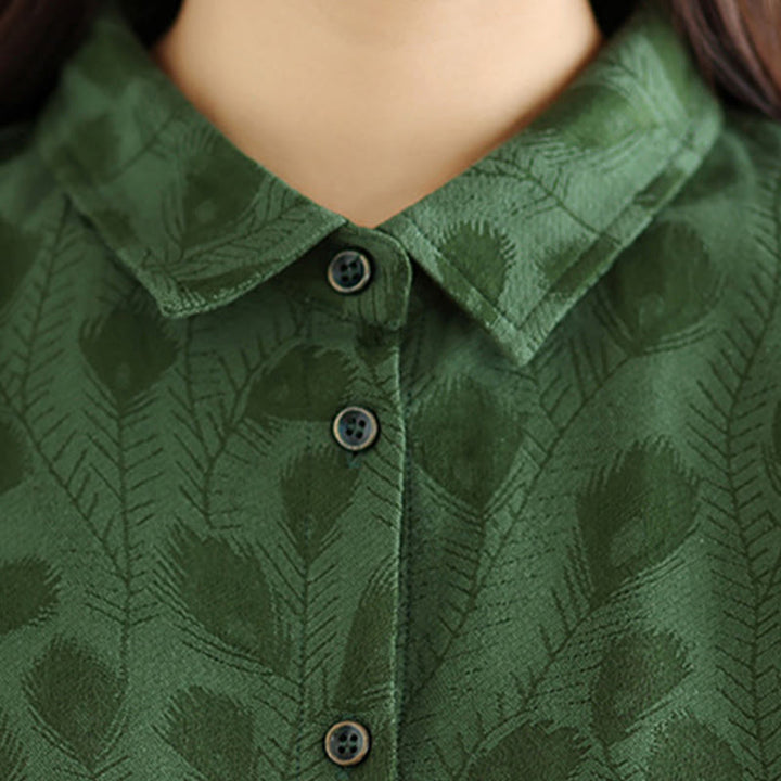 Abito midi in cotone con maniche lunghe, colletto rialzato e tasche, motivo a foglie Buddha Stones - image 5