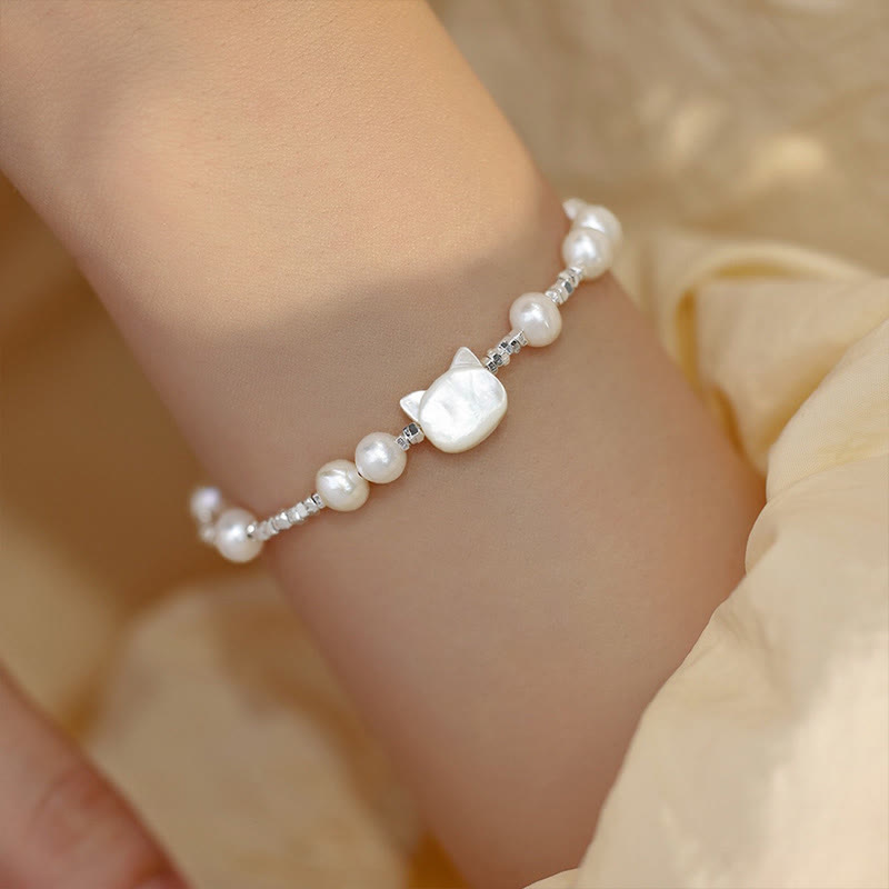 Braccialetto di guarigione con catena in argento e pietra di tridacna con testa di gatto e pietre Buddha Stones - Perla (circonferenza del polso 14-16 cm) - image 0