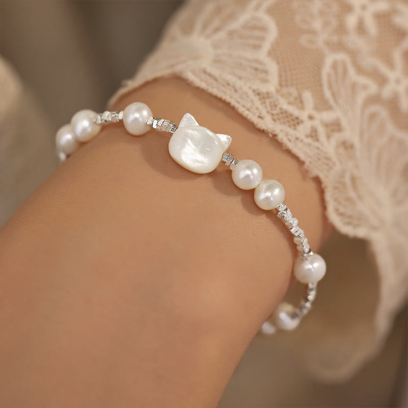 Braccialetto di guarigione con catena in argento e pietra di tridacna con testa di gatto e pietre Buddha Stones - image 2