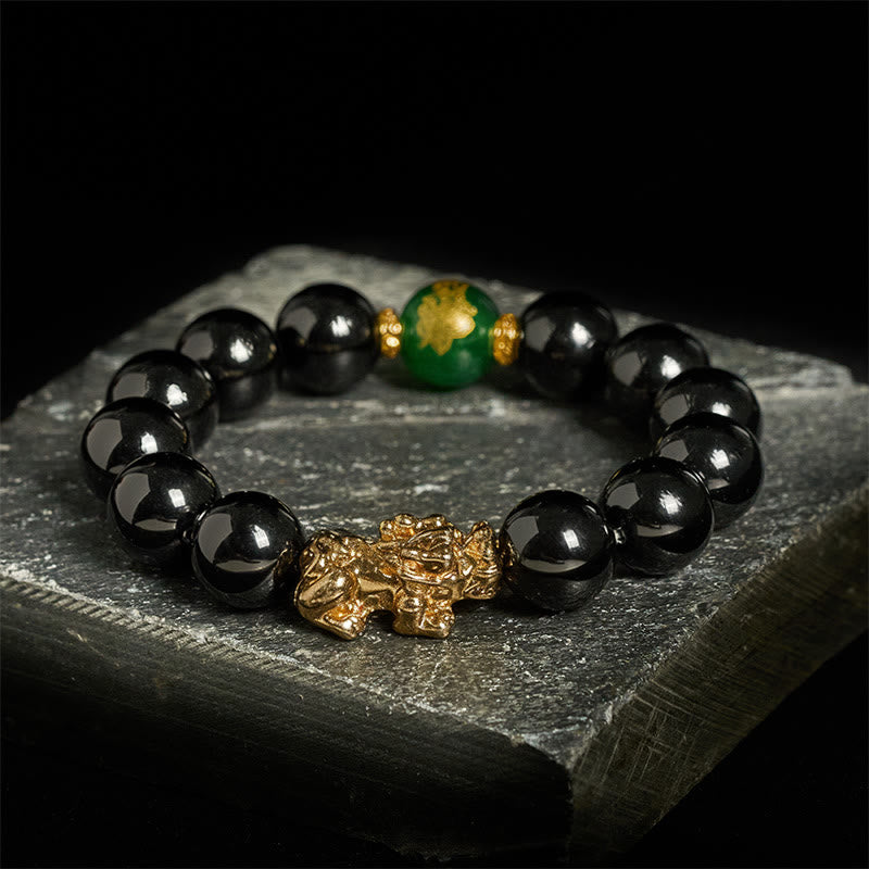 Braccialetto di protezione Pi Xiu con perle di agata verde e onice nero Buddha Stones - Onice nero - 14 mm (circonferenza polso: 16-17 cm) - image 0