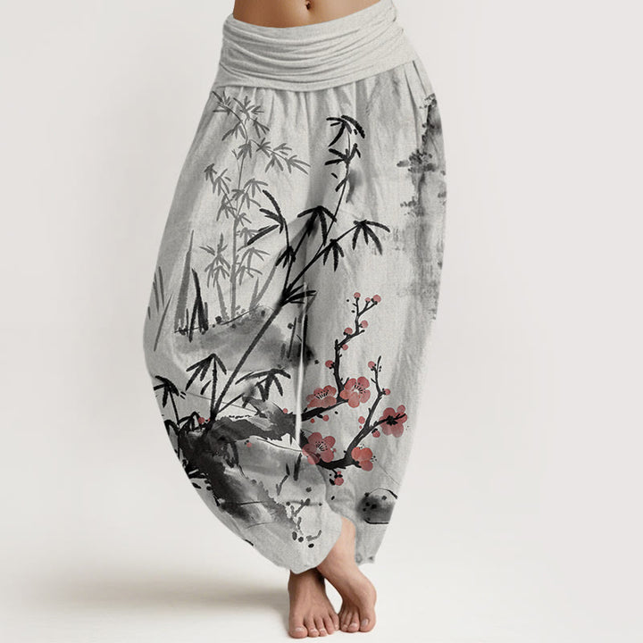Pantaloni harem da donna con elastico in vita, motivo Buddha Stones Cotton Plum Blossoms Bamboo Orchids Chrysanthemums - Grigio chiaro - US22, UK/AU26, EU54 (6XL) - image 0