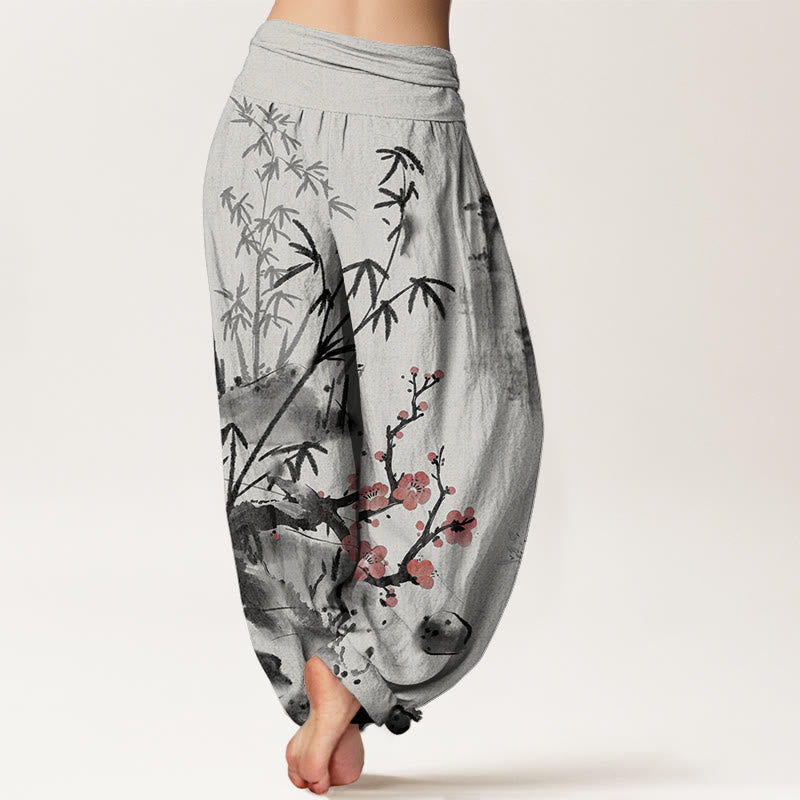 Pantaloni harem da donna con elastico in vita, motivo Buddha Stones Cotton Plum Blossoms Bamboo Orchids Chrysanthemums - image 1