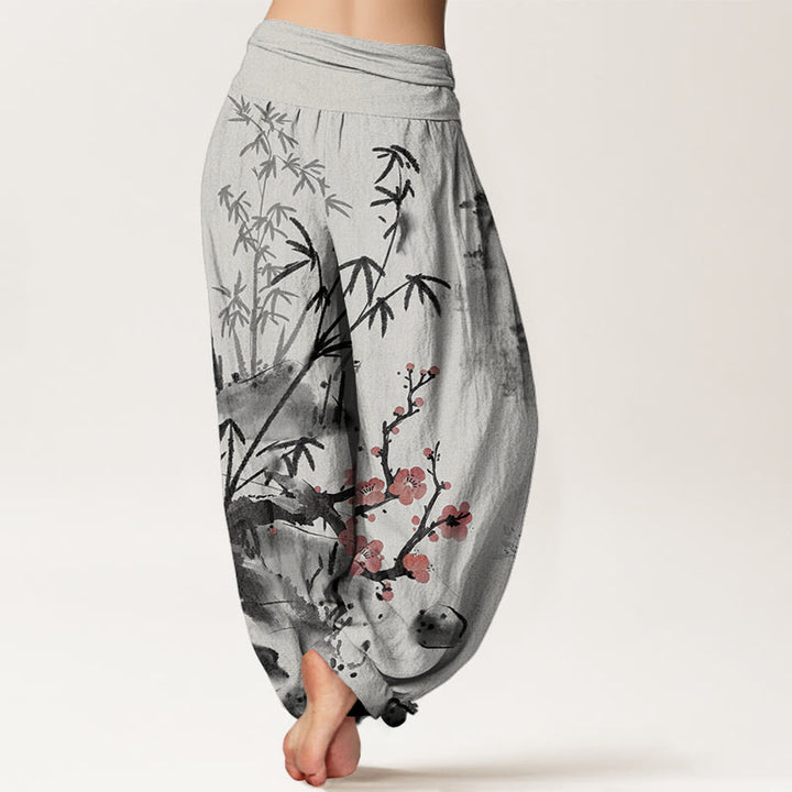 Pantaloni harem da donna con elastico in vita, motivo Buddha Stones Cotton Plum Blossoms Bamboo Orchids Chrysanthemums - image 1