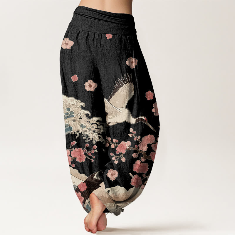 Pantaloni harem da donna con elastico in vita, in puro Buddha Stones , con gru e fiori di pesco e oceano - image 6