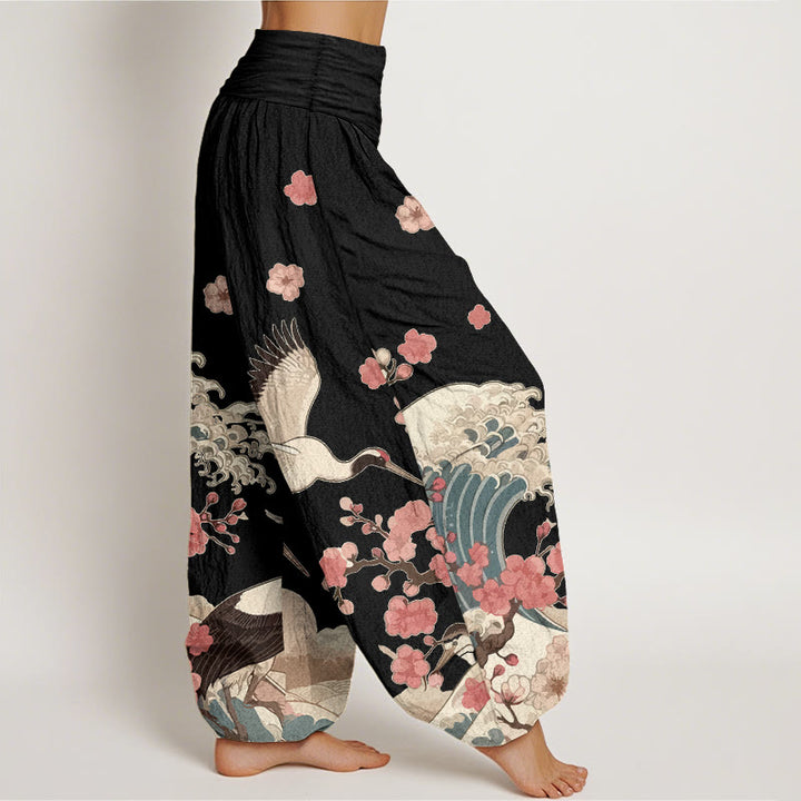 Pantaloni harem da donna con elastico in vita, in puro Buddha Stones , con gru e fiori di pesco e oceano - image 7