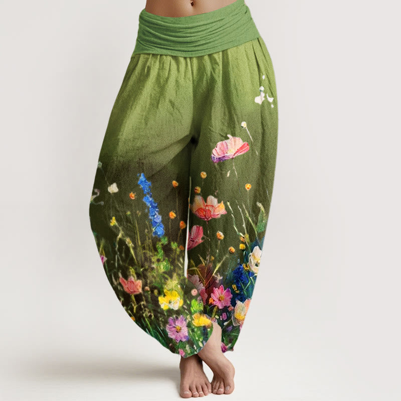 Pantaloni harem da donna con elastico in vita, in cotone, casual, stile acquerello, motivo floreale, motivo Buddha Stones - Verde oliva - US22, UK/AU26, EU54 (6XL) - image 4