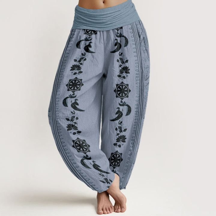Pantaloni harem da donna con elastico in vita, in puro cotone, con motivo Buddha Stones, ruota del Dharma e motivo OM. - BluAcciaioChiaro - US22, UK/AU26, EU54 (6XL) - image 0
