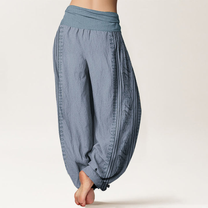 Pantaloni harem da donna con elastico in vita, in puro cotone, con motivo Buddha Stones, ruota del Dharma e motivo OM. - image 1