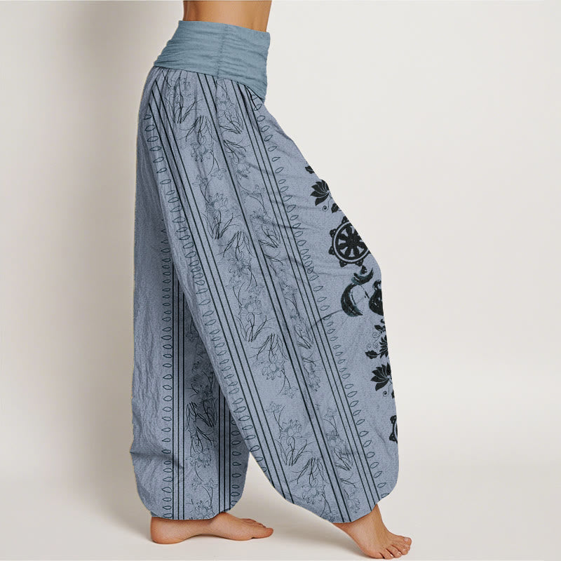 Pantaloni harem da donna con elastico in vita, in puro cotone, con motivo Buddha Stones, ruota del Dharma e motivo OM. - image 2