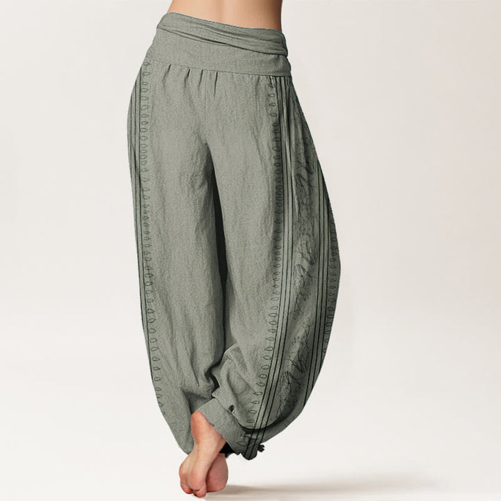 Pantaloni harem da donna con elastico in vita, in puro cotone, con motivo Buddha Stones, ruota del Dharma e motivo OM. - image 6