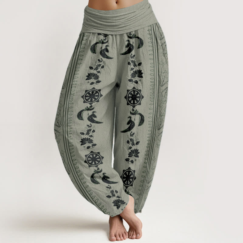 Pantaloni harem da donna con elastico in vita, in puro cotone, con motivo Buddha Stones, ruota del Dharma e motivo OM. - DarkSeaGreen - US22, UK/AU26, EU54 (6XL) - image 5