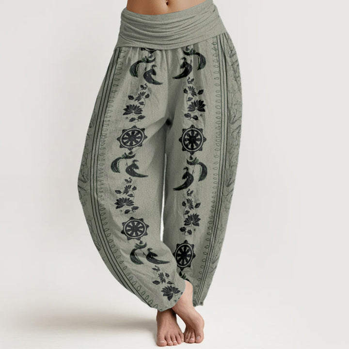 Pantaloni harem da donna con elastico in vita, in puro cotone, con motivo Buddha Stones, ruota del Dharma e motivo OM. - DarkSeaGreen - US22, UK/AU26, EU54 (6XL) - image 5