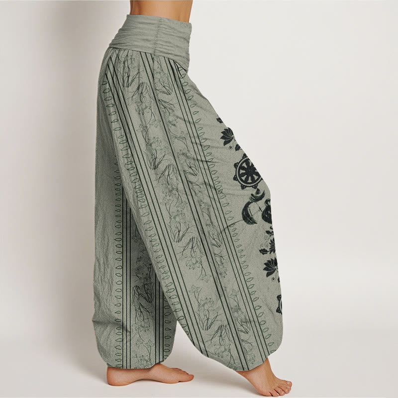 Pantaloni harem da donna con elastico in vita, in puro cotone, con motivo Buddha Stones, ruota del Dharma e motivo OM. - image 7