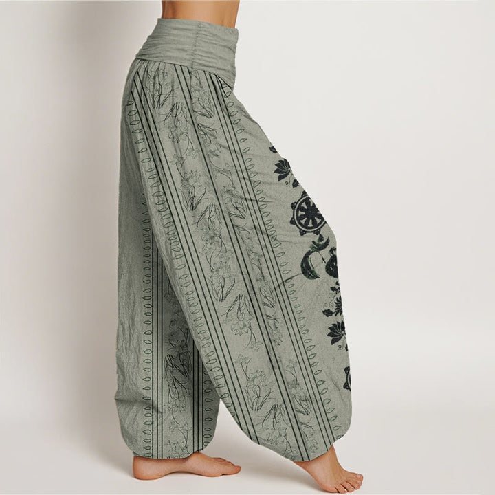 Pantaloni harem da donna con elastico in vita, in puro cotone, con motivo Buddha Stones, ruota del Dharma e motivo OM. - image 7
