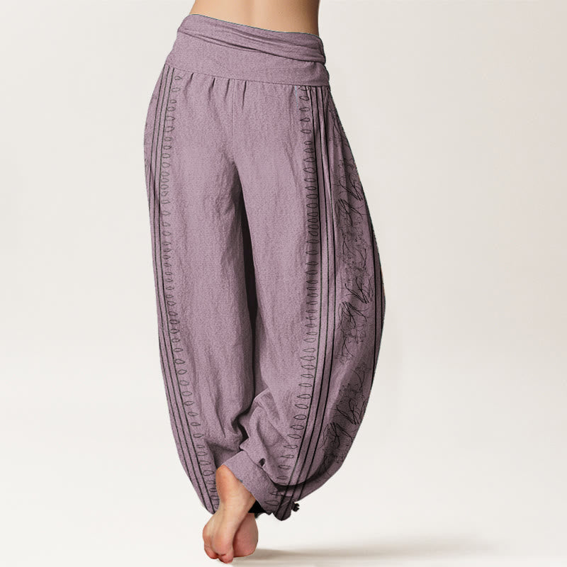 Pantaloni harem da donna con elastico in vita, in puro cotone, con motivo Buddha Stones, ruota del Dharma e motivo OM. - image 9