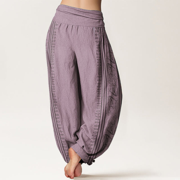 Pantaloni harem da donna con elastico in vita, in puro cotone, con motivo Buddha Stones, ruota del Dharma e motivo OM. - image 9