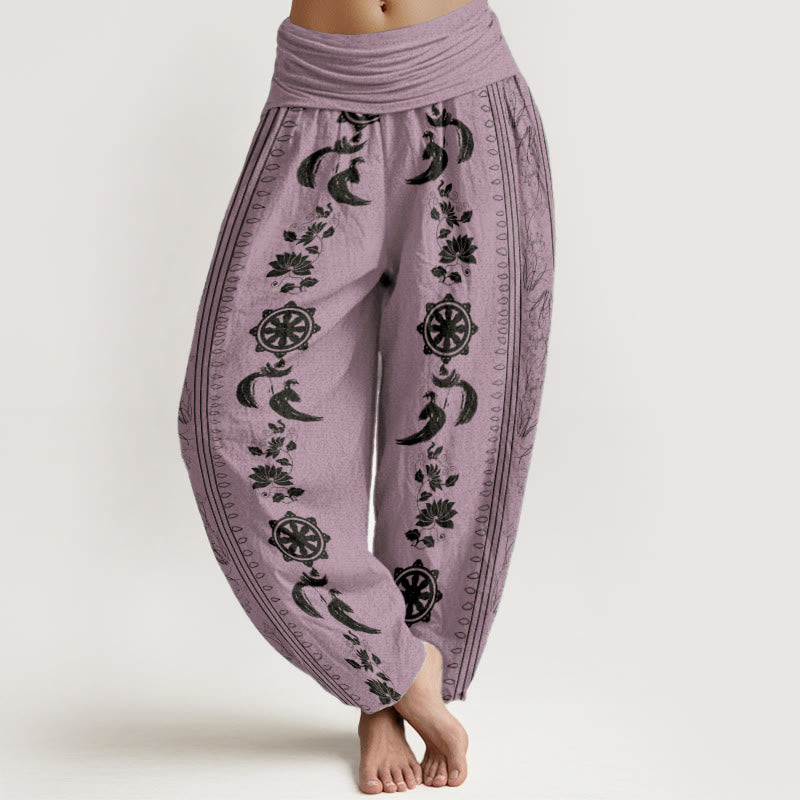 Pantaloni harem da donna con elastico in vita, in puro cotone, con motivo Buddha Stones, ruota del Dharma e motivo OM. - Viola - US22, UK/AU26, EU54 (6XL) - image 8