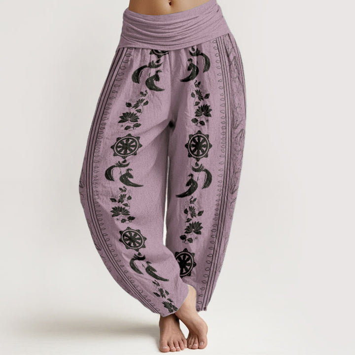 Pantaloni harem da donna con elastico in vita, in puro cotone, con motivo Buddha Stones, ruota del Dharma e motivo OM. - Viola - US22, UK/AU26, EU54 (6XL) - image 8