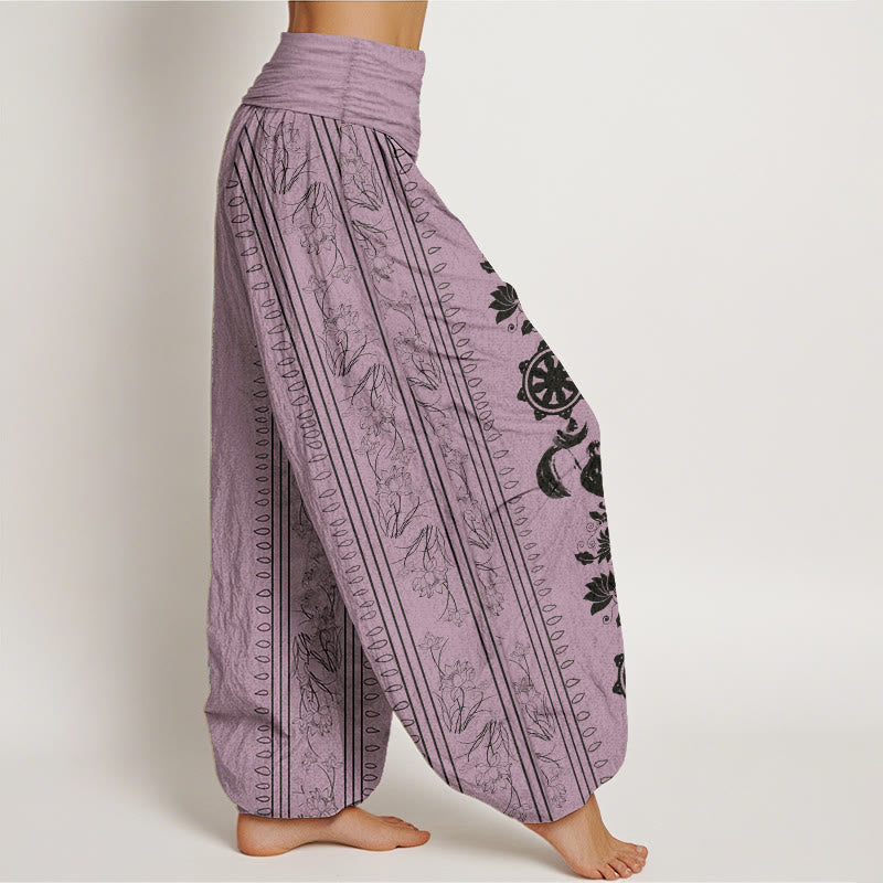 Pantaloni harem da donna con elastico in vita, in puro cotone, con motivo Buddha Stones, ruota del Dharma e motivo OM. - image 10