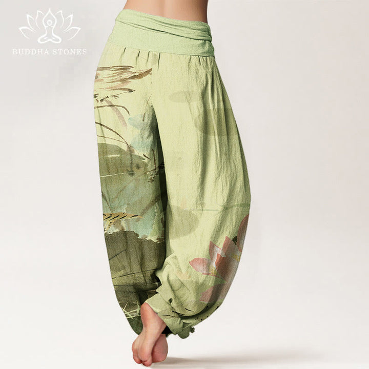 Pantaloni harem da donna con elastico in vita, in cotone, con foglie di loto rosa e motivo a uccelli, modello Buddha Stones - image 1