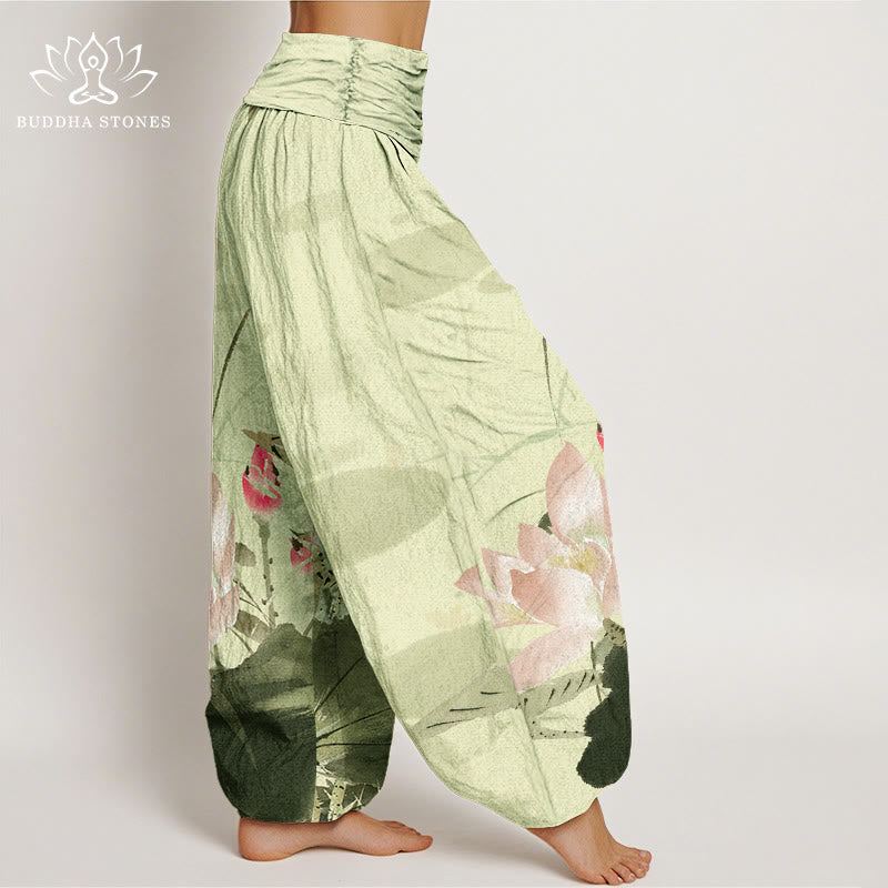 Pantaloni harem da donna con elastico in vita, in cotone, con foglie di loto rosa e motivo a uccelli, modello Buddha Stones - image 2