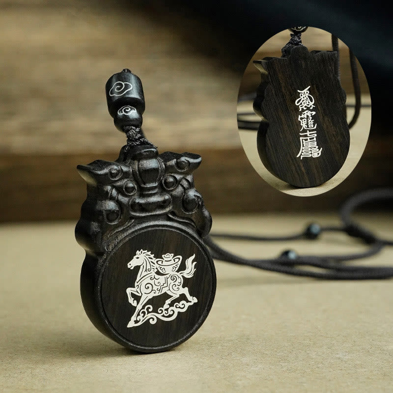 Buddha Stones Anno del Cavallo Carattere Fu Legno di Ebano Legno di Giuggiola Collana Pendenti Equilibrio - image 1
