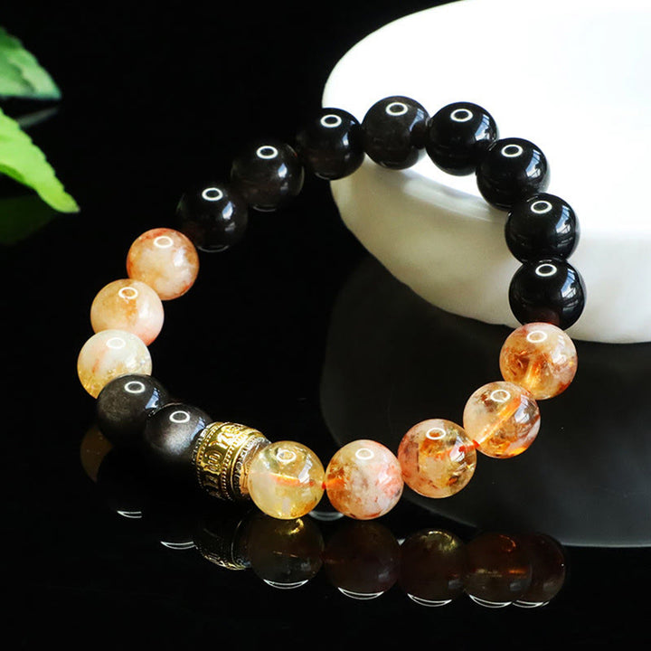 Braccialetto di protezione in ossidiana e citrino con Buddha Stones Om Mani Padme Hum e argento lucido - image 1