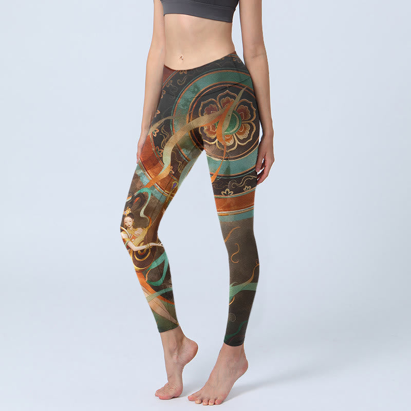 Leggings da palestra con stampa a motivo di cerchi e fiori, motivo Buddha Stones, pantaloni da yoga da donna - Marrone sella - US18, UK/AU22, EU50 (4XL) - image 0