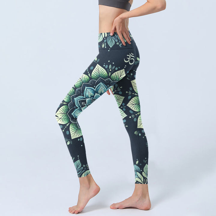 Leggings da palestra con stampa a motivo floreale, simbolo Om simmetrico Buddha Stones, pantaloni da yoga da donna - image 2
