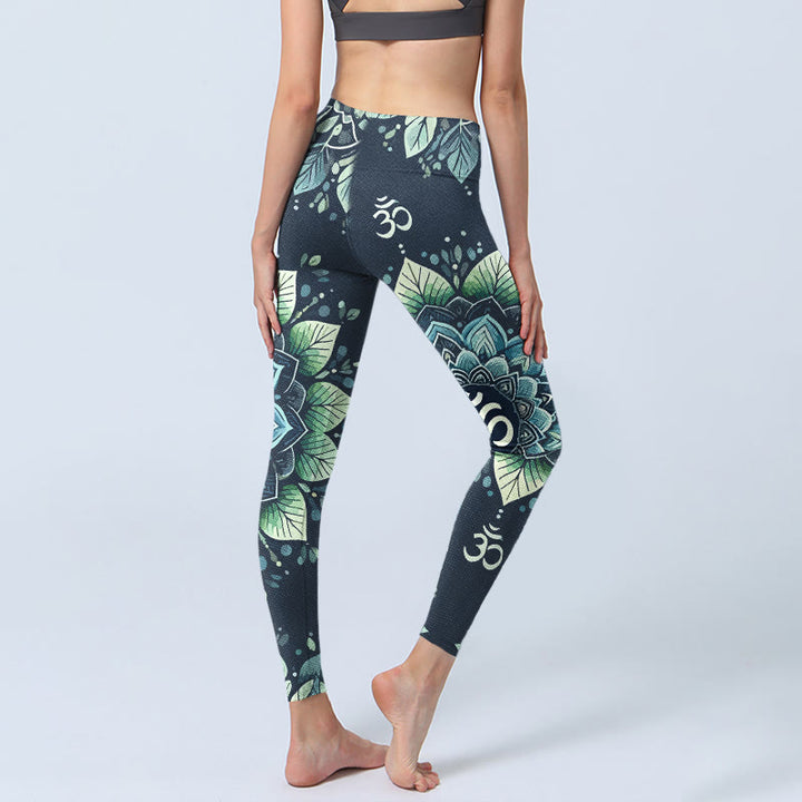 Leggings da palestra con stampa a motivo floreale, simbolo Om simmetrico Buddha Stones, pantaloni da yoga da donna - image 4