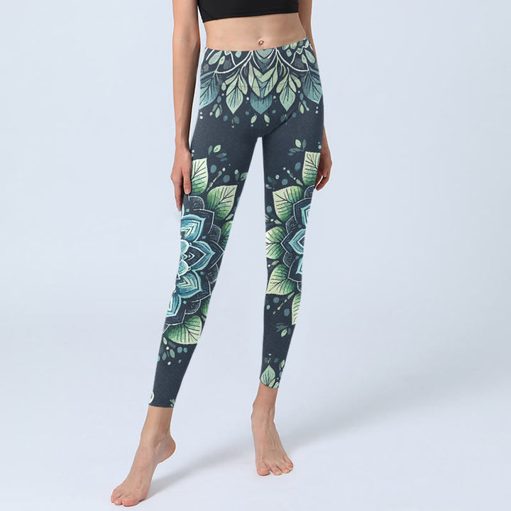 Leggings da palestra con stampa a motivo floreale, simbolo Om simmetrico Buddha Stones, pantaloni da yoga da donna - image 5