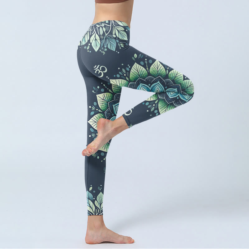 Leggings da palestra con stampa a motivo floreale, simbolo Om simmetrico Buddha Stones, pantaloni da yoga da donna - image 3