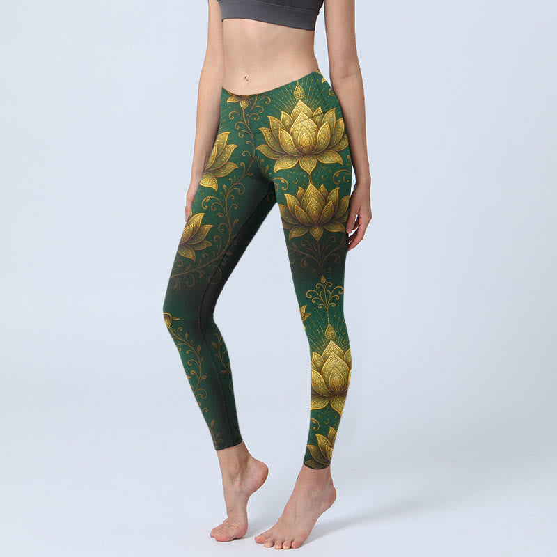Leggings da palestra con stampa motivo Buddha Stones Golden Lotus, pantaloni da yoga da donna - Verde scuro - US18, UK/AU22, EU50 (4XL) - image 0