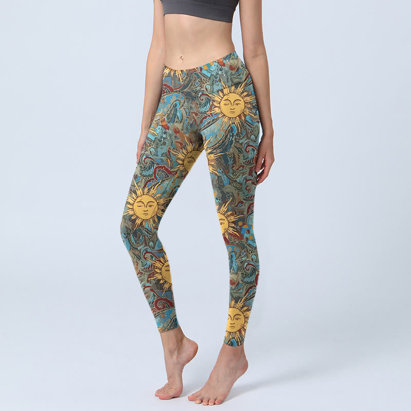 Leggings da palestra con stampa del motivo del sole personificato dorato Buddha Stones, pantaloni da yoga da donna - Ciano scuro - US18, UK/AU22, EU50 (4XL) - image 0