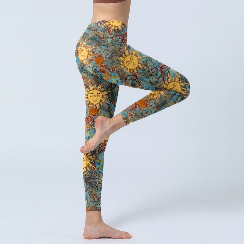 Leggings da palestra con stampa del motivo del sole personificato dorato Buddha Stones, pantaloni da yoga da donna - image 3