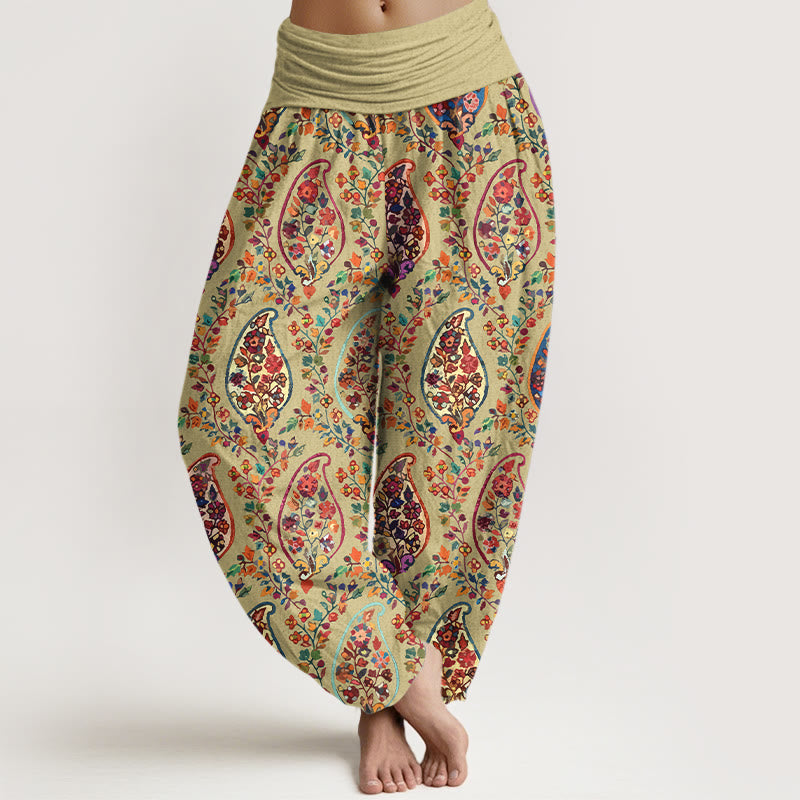 Pantaloni harem da donna con elastico in vita, in cotone, con motivo a fiori e foglie retrò, dai colori vivaci , Buddha Stones - GialloVerde - US16, UK/AU20, EU48 (3XL) - image 5