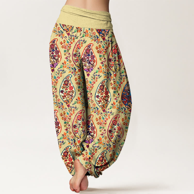 Pantaloni harem da donna con elastico in vita, in cotone, con motivo a fiori e foglie retrò, dai colori vivaci , Buddha Stones - image 6