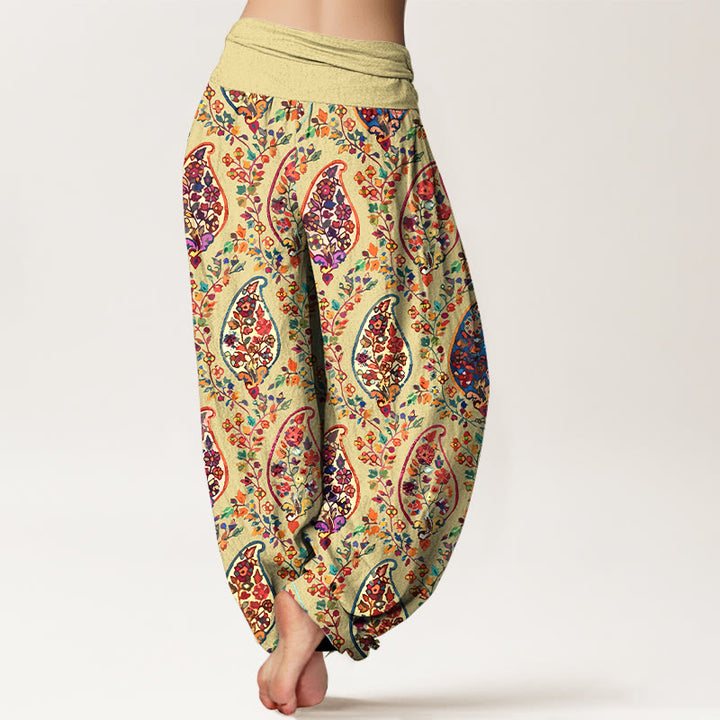 Pantaloni harem da donna con elastico in vita, in cotone, con motivo a fiori e foglie retrò, dai colori vivaci , Buddha Stones - image 6