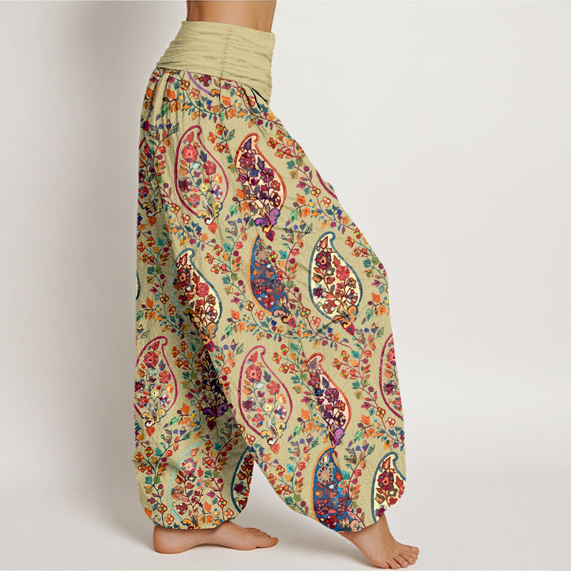 Pantaloni harem da donna con elastico in vita, in cotone, con motivo a fiori e foglie retrò, dai colori vivaci , Buddha Stones - image 7