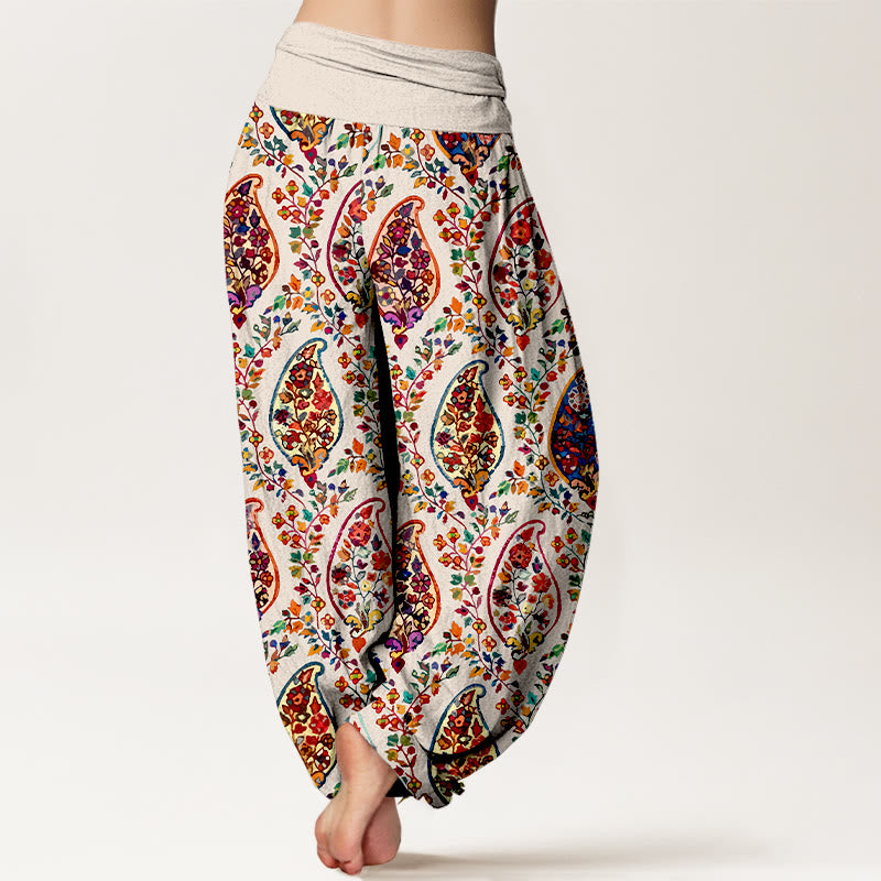 Pantaloni harem da donna con elastico in vita, in cotone, con motivo a fiori e foglie retrò, dai colori vivaci , Buddha Stones - image 9