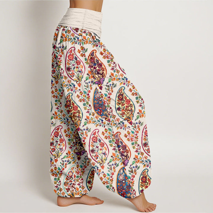 Pantaloni harem da donna con elastico in vita, in cotone, con motivo a fiori e foglie retrò, dai colori vivaci , Buddha Stones - image 10