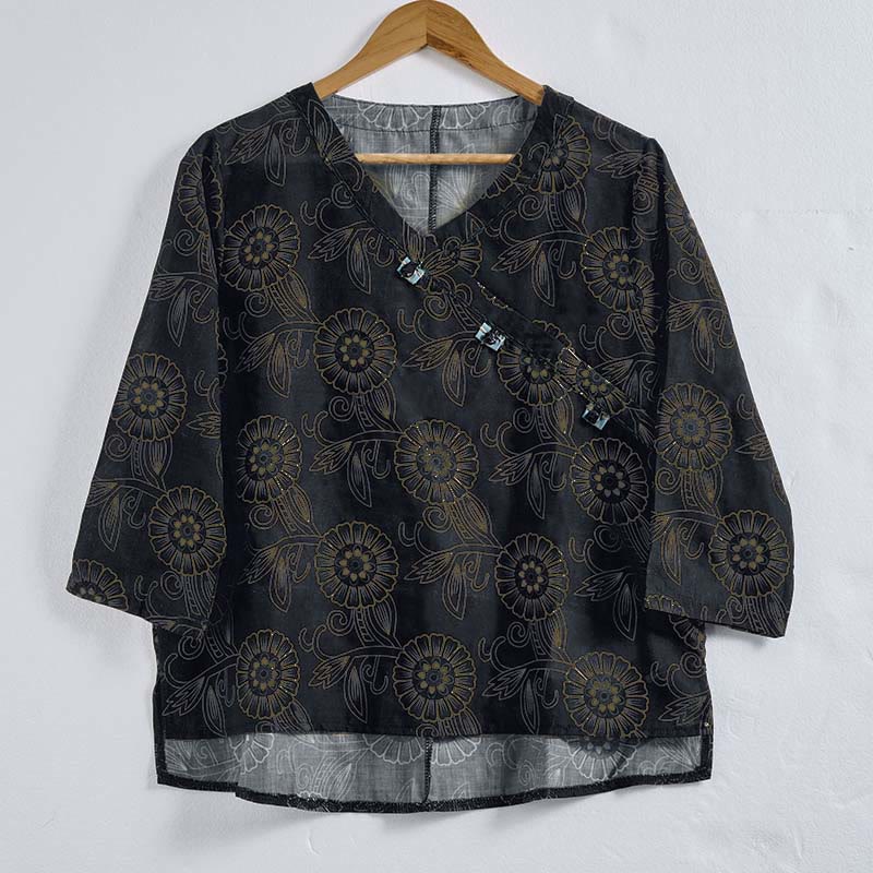 Camicia da donna a maniche lunghe con scollo a V e motivo floreale stampato Buddha Stones Spring - image 12