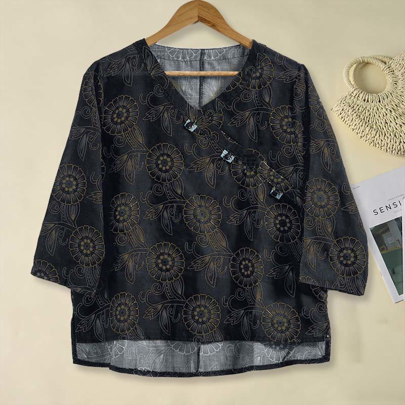 Camicia da donna a maniche lunghe con scollo a V e motivo floreale stampato Buddha Stones Spring - Nero - US8-10, UK/AU12-14, EU40-42 (2XL) - image 11