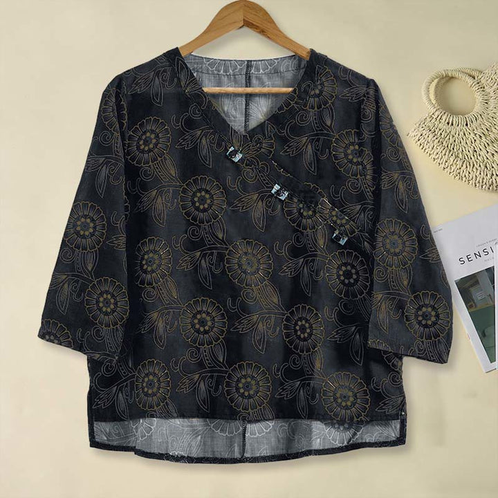 Camicia da donna a maniche lunghe con scollo a V e motivo floreale stampato Buddha Stones Spring - Nero - US8-10, UK/AU12-14, EU40-42 (2XL) - image 11