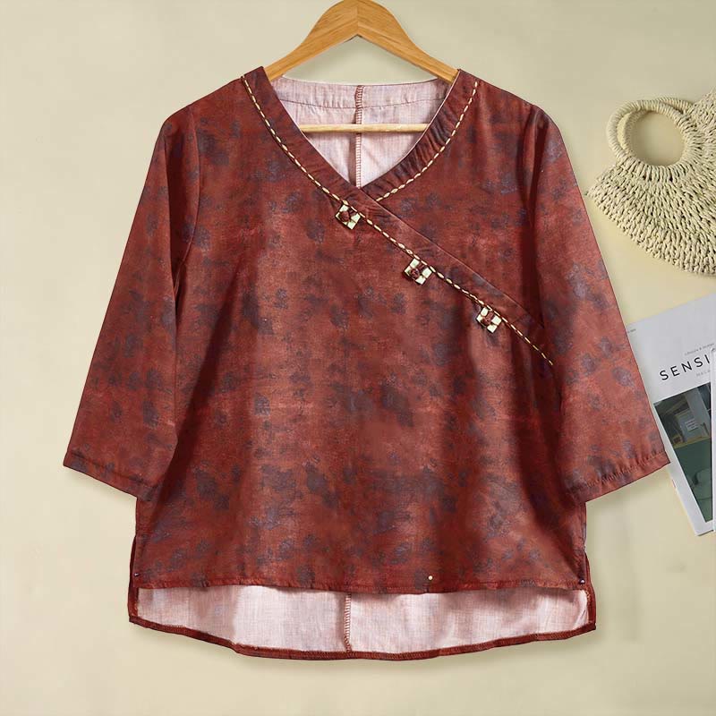 Camicia da donna a maniche lunghe con scollo a V e motivo floreale stampato Buddha Stones Spring - Mattoni refrattari - US8-10, UK/AU12-14, EU40-42 (2XL) - image 14