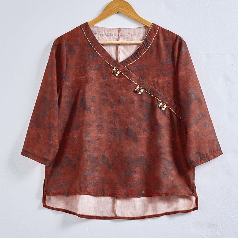 Camicia da donna a maniche lunghe con scollo a V e motivo floreale stampato Buddha Stones Spring - image 17