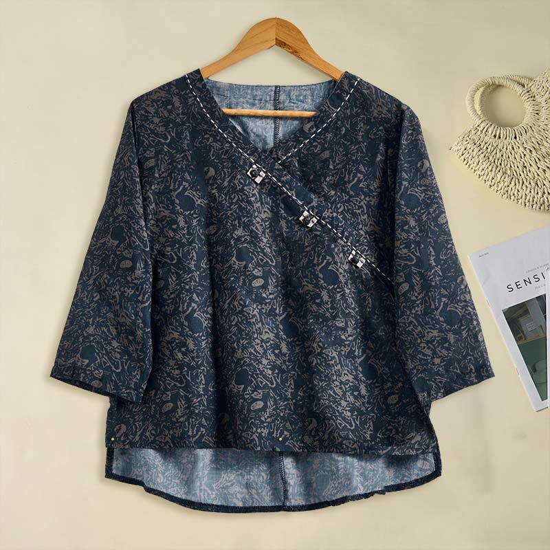 Camicia da donna a maniche lunghe con scollo a V e motivo floreale stampato Buddha Stones Spring - image 20