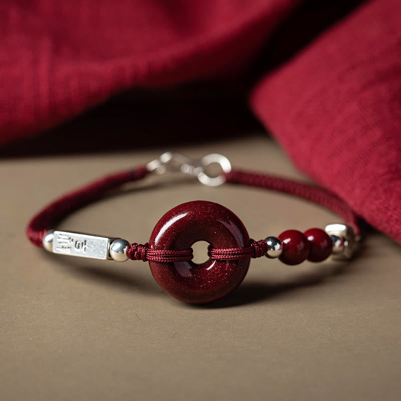 Bracciale con treccia di collegamento in argento sterling 925 con fibbia della pace in cinabro Buddha Stones - Fibbia con cordino rosso (circonferenza del polso: 17-19 cm) - image 1