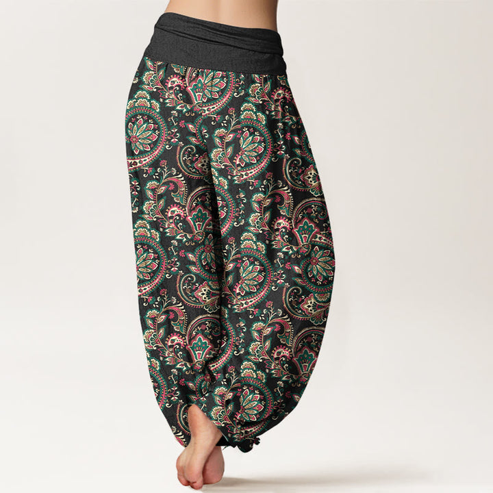 Pantaloni harem da donna con elastico in vita, in cotone, con motivo a fiori, foglie e viticci, stile retrò, motivo Buddha Stones - image 1