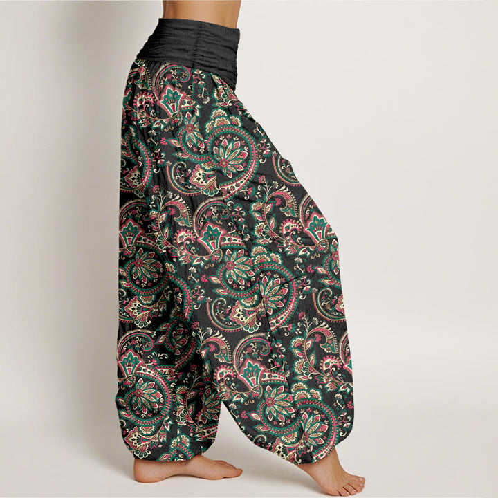 Pantaloni harem da donna con elastico in vita, in cotone, con motivo a fiori, foglie e viticci, stile retrò, motivo Buddha Stones - image 2